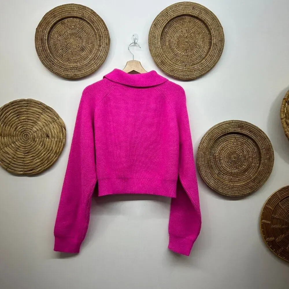 Buckle Le Lis Hot Pink Quarter Snap Ribbed Crop Cropped Knit Sweater Medium - Picture 2 of 6